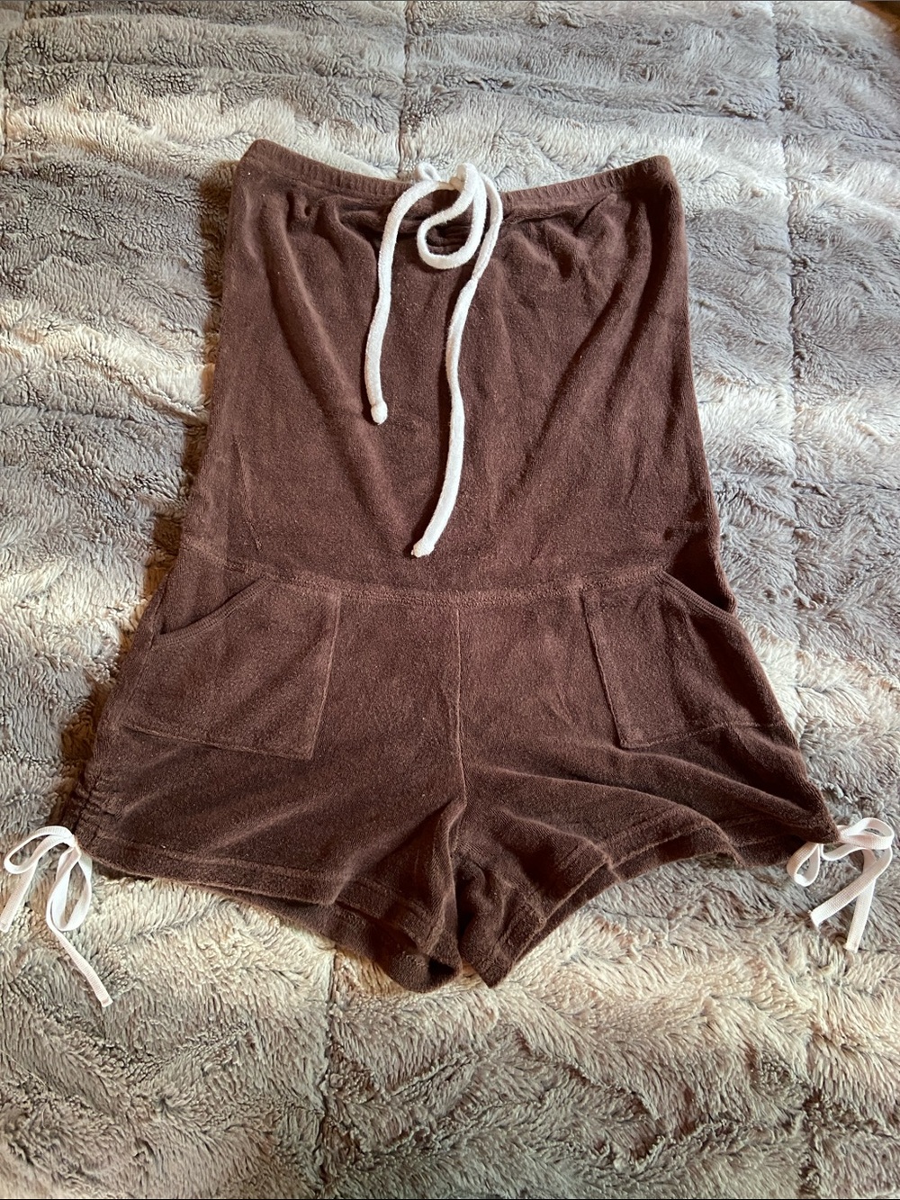 Strapless to Halter Brown Terry Drawstring Women’s romper